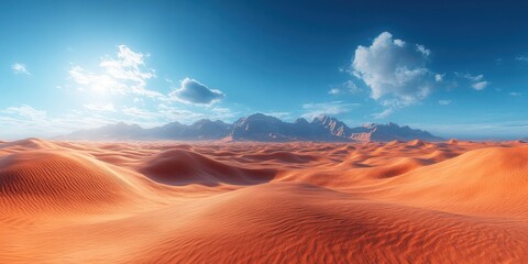 Naklejka premium A vast desert landscape with rolling sand dunes and distant mountains under a clear blue sky with fluffy white clouds