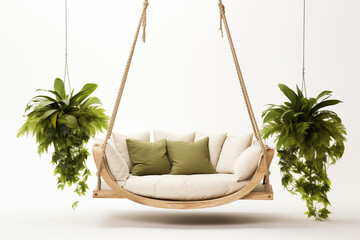 white swing sofa hanging from a delicate wooden frame, surrounded by pastel-colored garden flowers and soft greenery.  cushions are gently shaded in light hues, creating a serene , calming atmosphere
