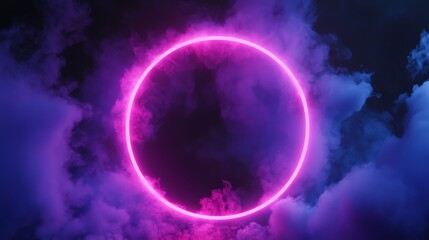 A glowing neon pink circle frame set against a background of pink and blue smoke.