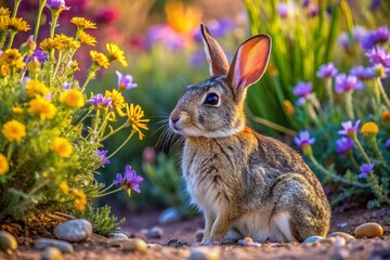 Cottontail Rabbit in Arizona Desert Habitat Surrounded by Natural Vegetation and Wildflowers