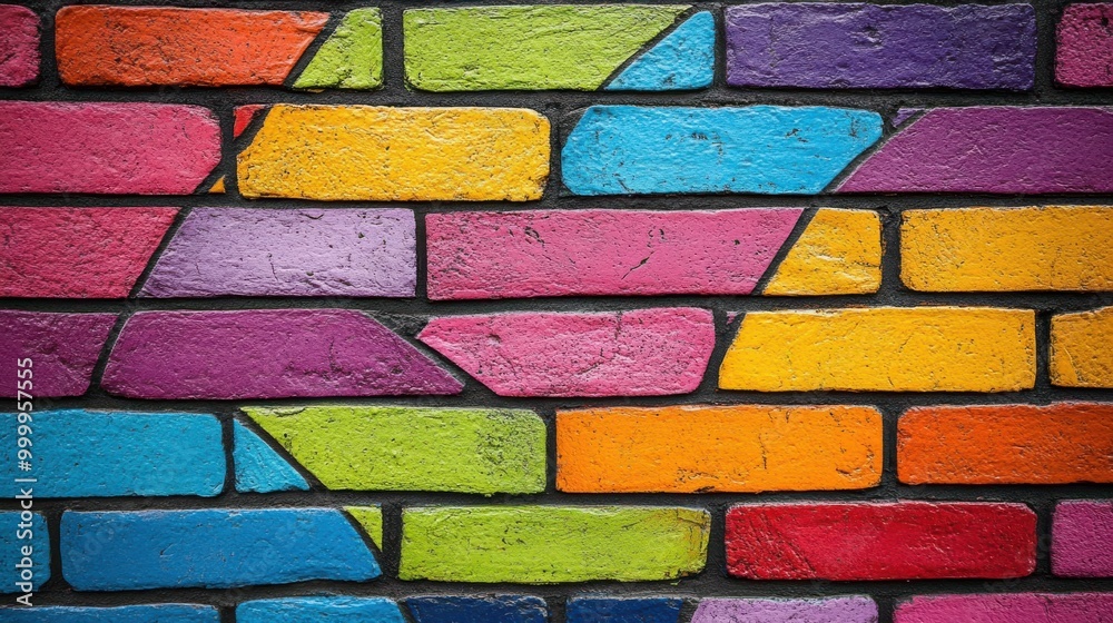 Poster A Vibrant Wall of Colorful Bricks, Featuring a Spectrum of Hues in Geometric Patterns, Creating a Visually Stimulating and Artistic Display