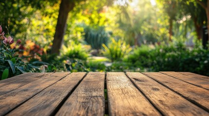 Empty wooden tabletop in a serene, lush garden, ideal for outdoor meals and casual backyard gatherings