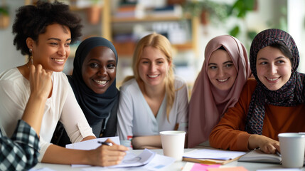 Obraz premium Diverse Women's Team Collaborating in Office, Smiling and Engaged with Documents, Embodying Teamwork and Professionalism.