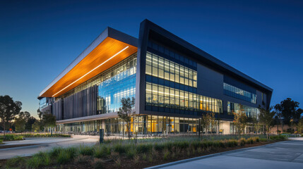 Obraz premium Exterior of a modern tech hub with dynamic lighting and an environmentally friendly design