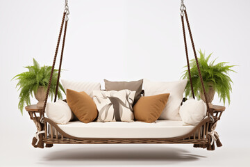 white swing sofa hanging from a delicate wooden frame, surrounded by pastel-colored garden flowers and soft greenery.  cushions are gently shaded in light hues, creating a serene , calming atmosphere