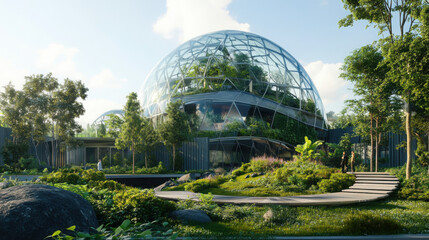 High-tech building with a glass dome and integrated green spaces, showcasing sustainable architecture