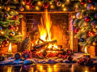 Cozy Christmas Fire Background with Warm Flames and Flickering Light for Holiday Decor and Atmosphere