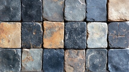 Obraz premium A Close-Up View of Irregularly Shaped Stone Tiles with Varying Hues of Grey, Brown, and Tan