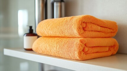 Fluffy orange towels folded on a modern bathroom shelf, adding a pop of color and comfort to the space.