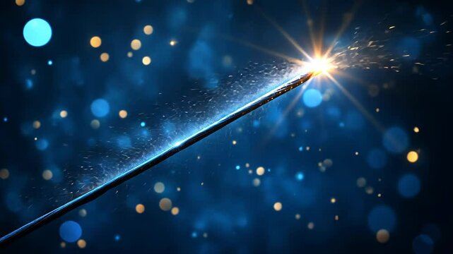 A wand glows with magic against a dark blue background with scattered lights