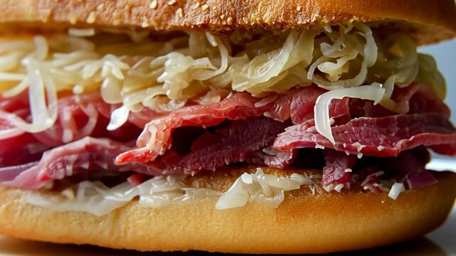 A close-up of a classic corned beef sandwich with sauerkraut and mustard on a toasted bun
