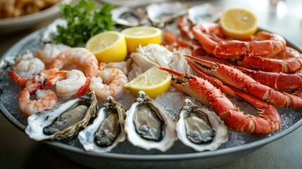 Fresh seafood platter with oysters, shrimp, crab legs, and lemon wedges served on ice.