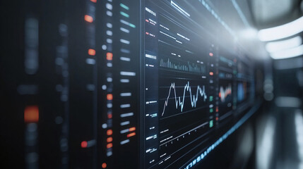 Computer monitors displaying stock data graphs in a modern control room or meeting room, showcasing financial analysis and monitoring.