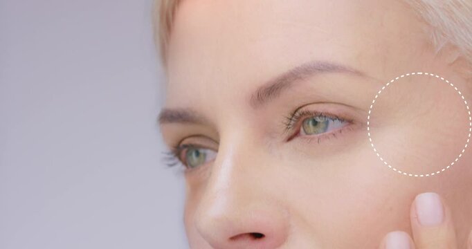 Anti aging, smooth and skincare for mature woman, overlay and cosmetics to reduce wrinkles and spa. Studio background, glow and shine of skin, dermatology and treatment for model, beauty and touch