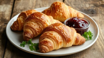 Freshly baked croissants on a white plate, with a side of butter and jam, on a rustic wooden table.