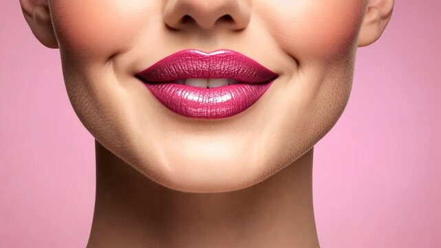 A close-up of a woman's lips, painted with a glossy, pink lipstick