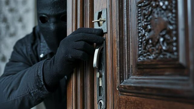 A masked individual attempts to unlock a door with a lock pick