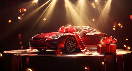 Naklejka premium A stunning luxury car, adorned with a large red bow, takes center stage under dramatic lighting. 