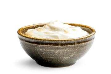 ceramic bowl of fresh greek yogurt or sour cream isolated on white background - generative ai