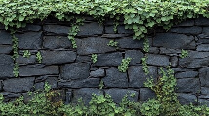 A weathered gray stone wall is covered in a thick blanket of lush green vines