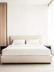 Modern bedroom interior with a minimalist aesthetic, featuring a beige bed and light curtains in a bright environment