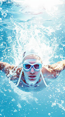 Swimmer diving underwater, athlete in action, swimming competition, sports excellence, water splashes, swimming passion concept
