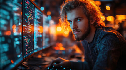 A young man is deeply engaged in programming, with code displayed on multiple monitors in a vibrant, tech-filled environment