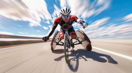 Obraz premium Wheelchair athlete speeding on highway, wearing helmet and sunglasses, motion blur, sports competition concept