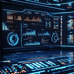 Obraz premium Futuristic digital dashboard with virtual data streams, showcasing advanced analytics and AI-driven insights.