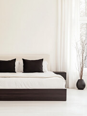 Modern minimalist bedroom with a large bed and decorative plants in a bright, serene space during daytime