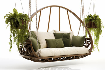 white swing sofa hanging from a delicate wooden frame, surrounded by pastel-colored garden flowers and soft greenery.  cushions are gently shaded in light hues, creating a serene , calming atmosphere