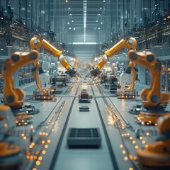 Futuristic factory floor with robotic arms and automated machines working in sync, symbolizing Industry 4.0.-