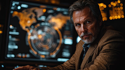 An analyst studies intricate global data on a large screen in a dimly lit control room, showcasing advanced technology during nighttime