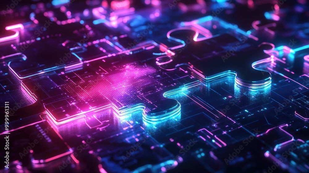 Poster futuristic neon puzzle pieces merging on a digital interface, symbolizing api integration and system