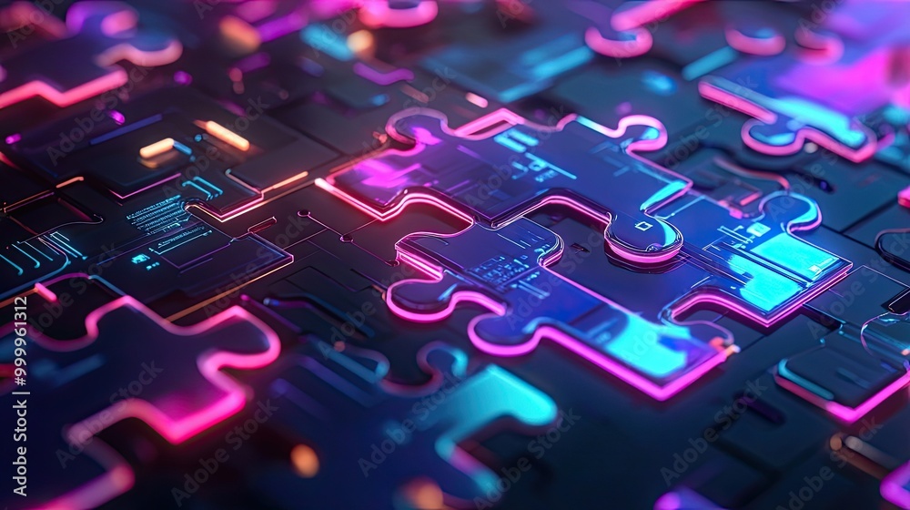 Poster futuristic neon puzzle pieces merging on a digital interface, symbolizing api integration and system