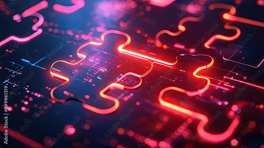 Poster futuristic neon puzzle pieces merging on a digital interface, symbolizing api integration and system