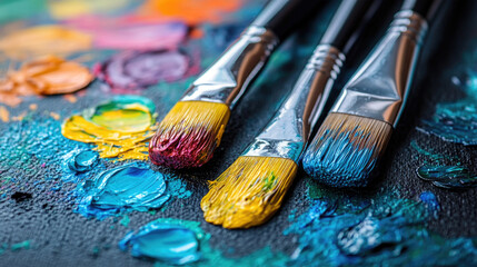 Fototapeta premium Brushes dipped in vibrant paint colors rest on a palette filled with swirls of blues, yellows, and reds, fostering artistic inspiration and creativity