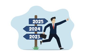 Obraz premium Business success targets and goals, business people running towards 2025 to achieve success. Business vector illustration.