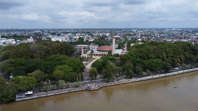 Aerial view of the largest mosque in Banjarmasin, South Kalimantan, Sabilal Muhtadin Mosque