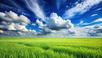 Obraz premium High angle view of lush green grass field under blue sky with fluffy white clouds in background