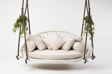 white swing sofa hanging from a delicate wooden frame, surrounded by pastel-colored garden flowers and soft greenery.  cushions are gently shaded in light hues, creating a serene , calming atmosphere