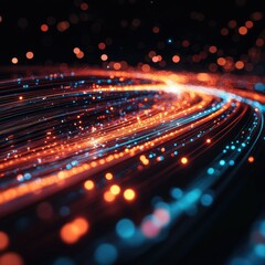 Glowing fiber optic cables stretching across a dark space, symbolizing high-speed internet connectivity.