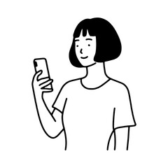 スマホの画面を見ている女性のシンプルな線画イラスト　透過背景の切り抜き