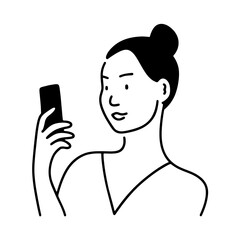 スマホの画面を見ている女性のシンプルな線画イラスト　透過背景の切り抜き