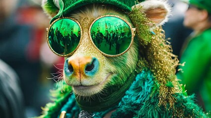 A cow dressed in green and gold for St. Patrick's Day, wearing sunglasses that reflect a crowd of people