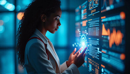 Threat from AI cyber security, female African American IT specialist analyzing data from futuristic holographic applications. Banner for the concept of artificial intelligence and augmented reality in