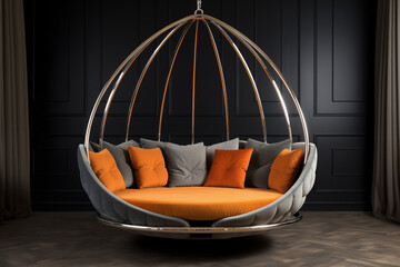 A luxurious, modern swing sofa with soft, plush cushions, suspended by sleek metal chains. lush garden , colorful flowers, greenery,  warm sunlight casting shadows,swing has a wooden canopy for shade.