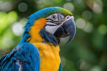 Fototapeta premium Close-up of a colorful macaw parrot showing vivid blue and yellow feathers on an abstract green blurred background.