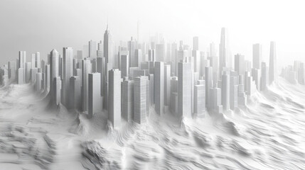 Fototapeta premium A sprawling futuristic city rises through a foggy, misty terrain, showcasing tall, gleaming skyscrapers surrounded by a serene, ethereal atmosphere