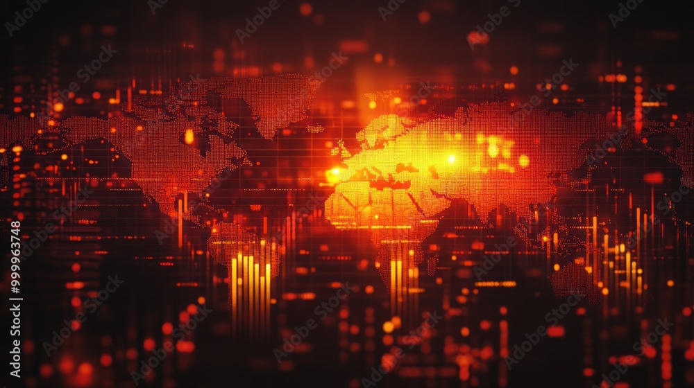 Poster abstract digital representation of a world map with red and orange data visualizations.